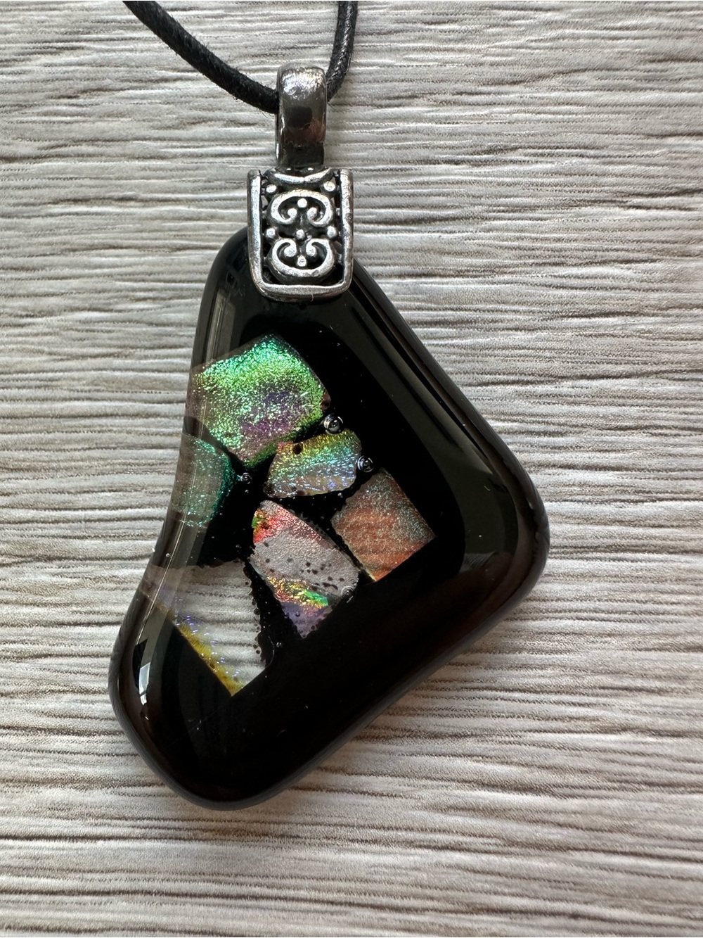 Handcrafted Dichroic Fused Glass Pendant Necklace Black Iridescent Boho Goth